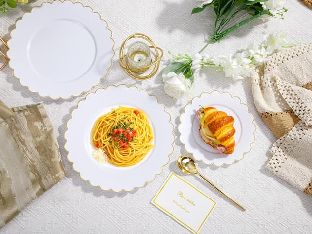 Detalle de supernal 100pcs White and Gold Scalloped Plastic Plates (Flower-Petal Design)