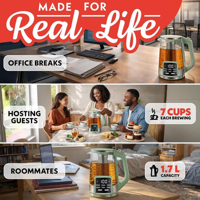 Thumbnail 6 de Gourmia Electric Glass Kettle (1.7L) with 6 Presets, Removable Stainless Infuser & Digital Touch Display (Green)