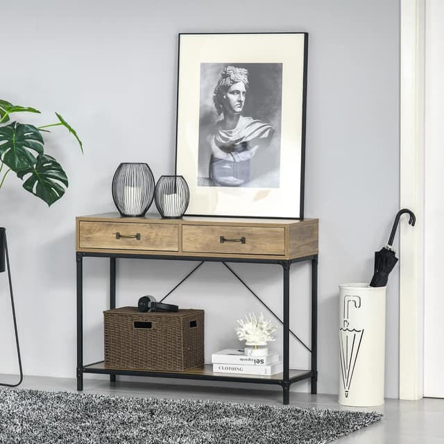 Detalle de HOMCOM Table Console d’entrée industrielle avec 2 tiroirs et plateau aspect bois (100 x 35 x 76 cm)