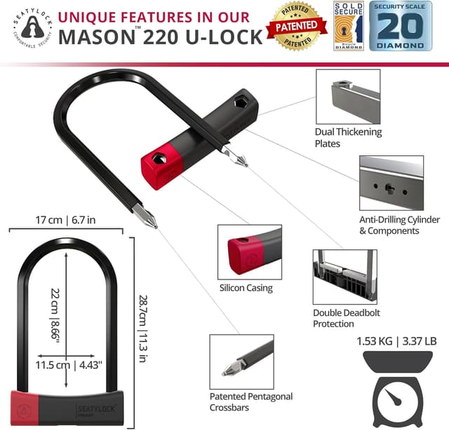 Detalle de Seatylock Mason antivol U vélo Seatylock Mason, niveau Sold Secure Diamond, ouverture 115 mm