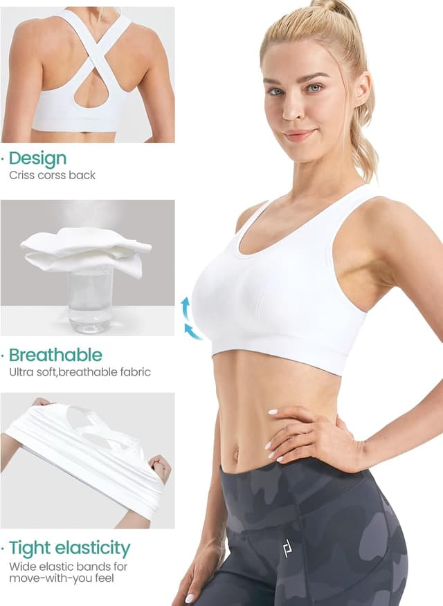 Detalle de FITTIN padded seamless cross-back sports bra (removable pads) for women, workout & yoga pack