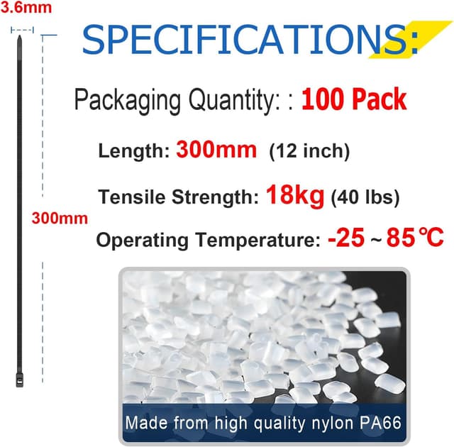 Detalle 2 de 12 inch Cable Ties 1000 Pack (Black) – 300 x 3.6mm Nylon Zip Ties, UV Resistant, Self-Locking