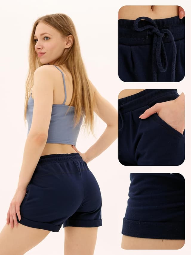 Detalle 2 de Sommer-Shorts für Damen aus 100% Baumwolle mit Kordelzug und Seitentaschen (M–2XL) – Basic Farben