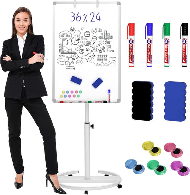 Detalle de Nicpro mobile whiteboard flip chart stand (90 x 60 cm) – height adjustable magnetic dry-erase easel with pens, erasers & magnets