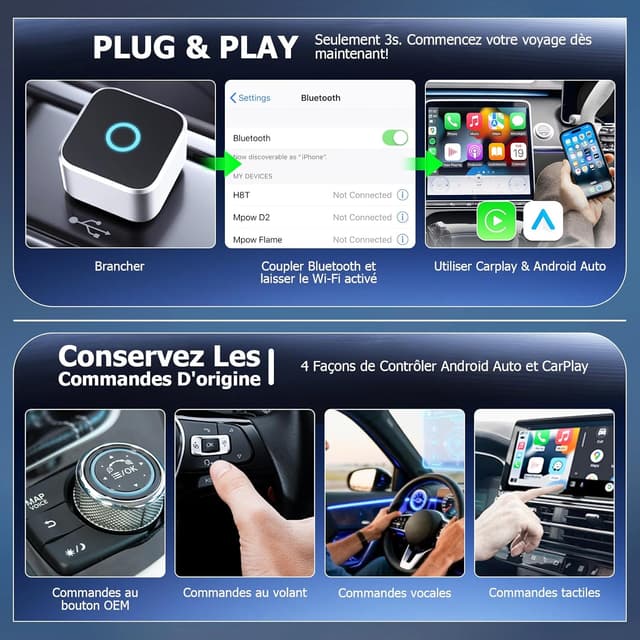 Detalle 2 de Mini adaptateur CarPlay sans fil 2 en 1 USB/Type-C (Plug & Play) pour Apple CarPlay & Android Auto