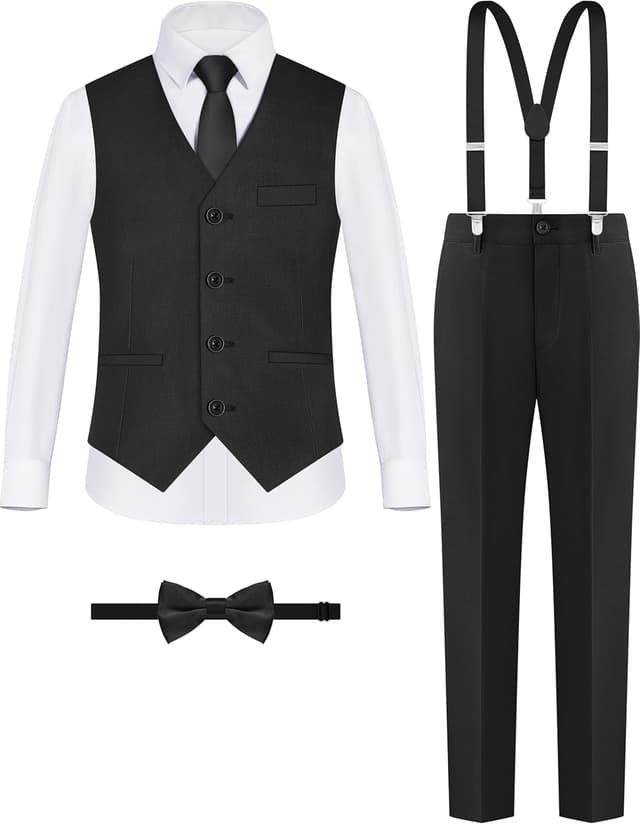 Detalle de ELPA Boys’ Formal Suit Vest Set with Suspenders (Shirt, Lined Vest, Pants, Pre-Tied Tie)