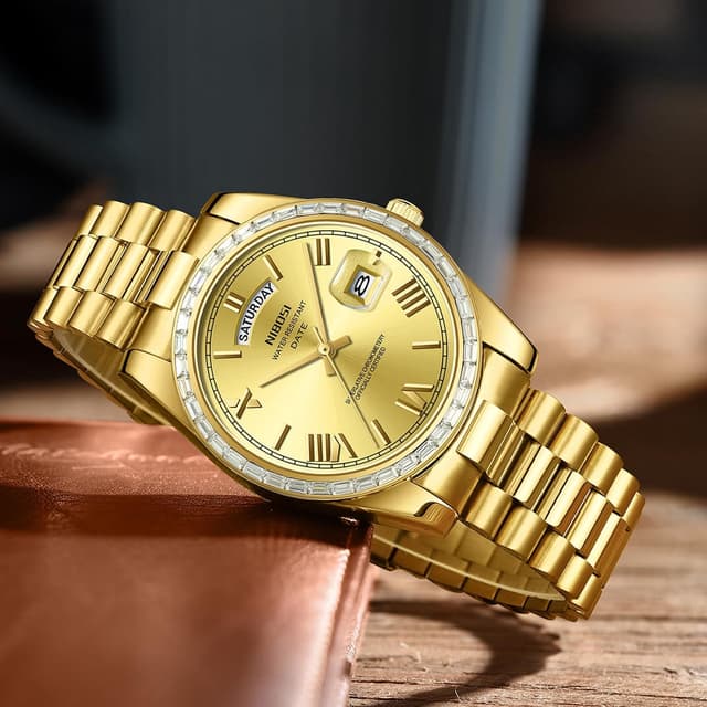 Detalle 2 de NIBOSI Men’s Analogue Quartz Watch with Diamond Bezel (Rose Gold/Silver) and Day-Date Calendar