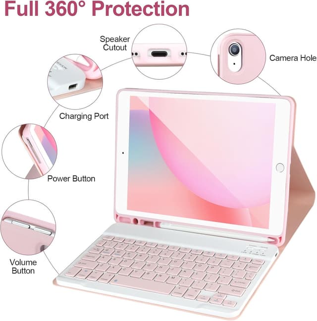 Detalle de APHBZGE Keyboard Case for iPad 9/8/7th Gen 10.2" – detachable Bluetooth keyboard, auto wake, pencil holder (Pink)