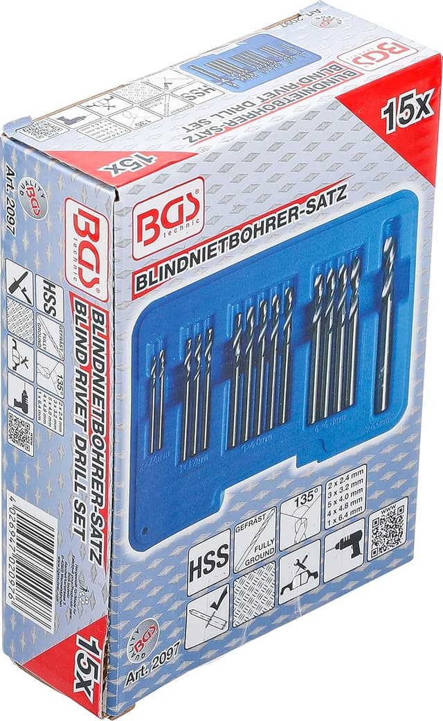 Detalle 2 de BGS 2097 Blind Rivet Drill Set (HSS) for blind rivets and thin sheet metal, 15-piece set