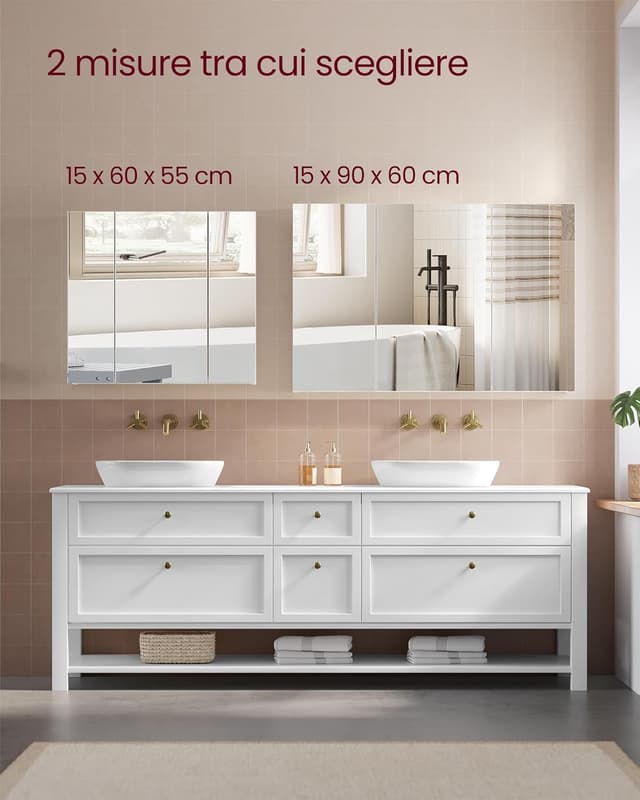 Detalle 2 de VASAGLE KAILYN BBK22WT Armadietto a specchio da parete per bagno bianco 15 x 60 x 55 cm