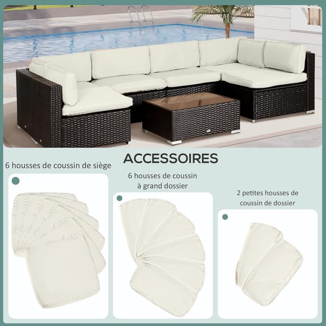 Detalle de Lot de 14 housses de rechange Outsunny pour coussins de salon de jardin (crème) : 6 assises + 8 dossiers