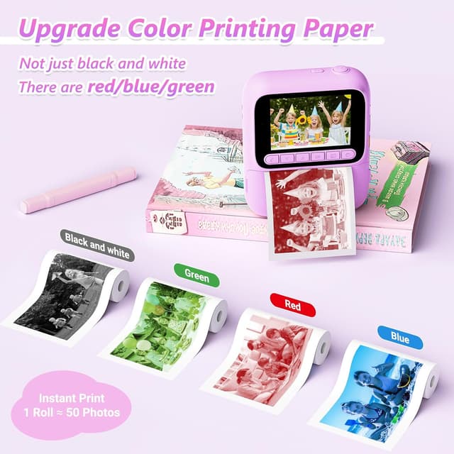 Detalle de Naxup Sofortbildkamera für Kinder mit 1080P, 5 Rollen Druckpapier und 32-GB-Karte (Lila)