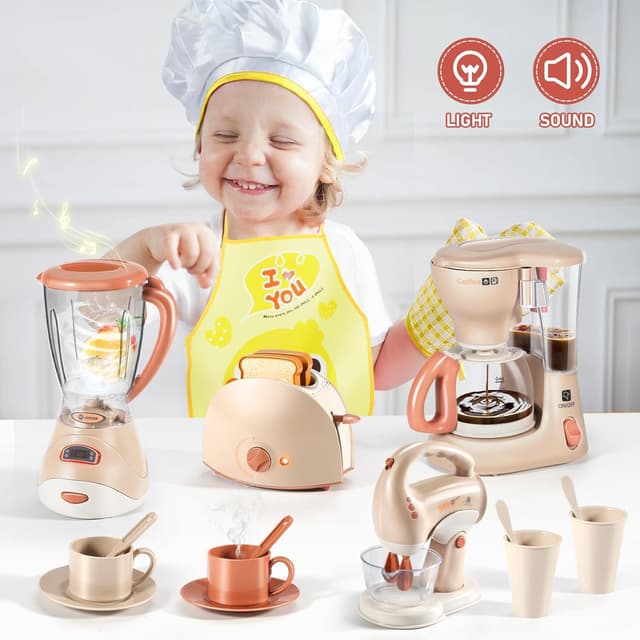 Detalle de LOVE LIFE Spielzeug-Kinderküche Zubehör-Set ab 3 Jahren mit Kinder-Kaffeemaschine, Mixer, Toaster & Kinderschürze