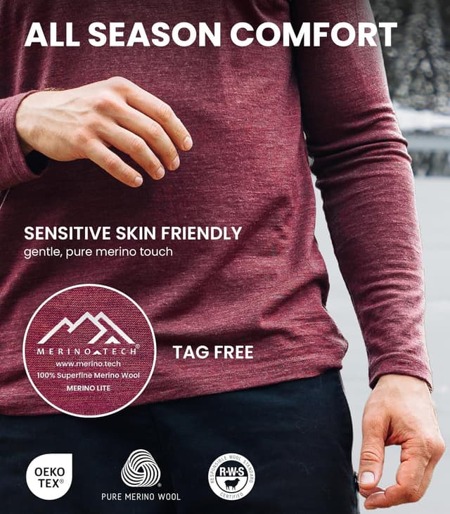 Detalle de Merino.tech 100% Merino Wool Base Layer Long Sleeve Shirt for Men