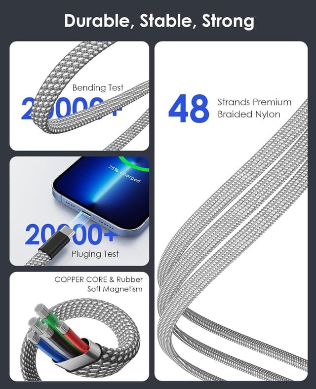 Detalle 2 de Magtame USB-A to USB-C Magnetic Retractable Charging Cable (5ft, Flat, Coiled), 30W Fast Charging Support – Silver