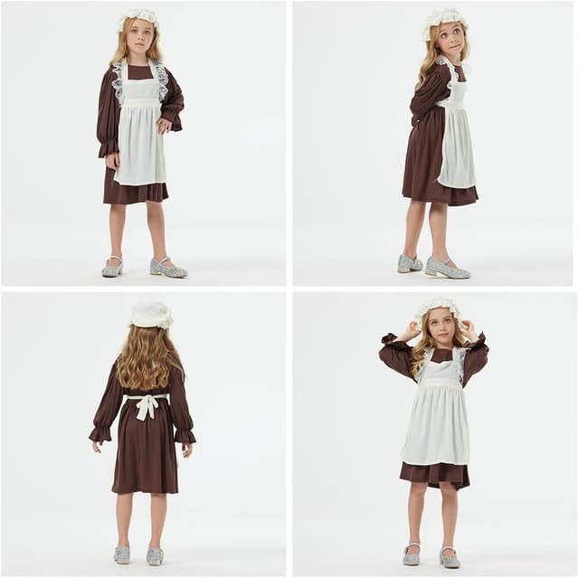 Detalle de Aomig Vestito da Cameriera Bambina in stile medievale (kit da 4 pezzi: abito, grembiule, bonnet e calzini)