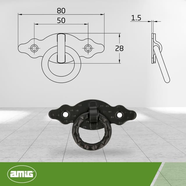 Detalle de Amig Poignée horizontale Modèle 1000 en acier noir, 80 x 28 x 1,5 mm avec anneau et plaque pointillée