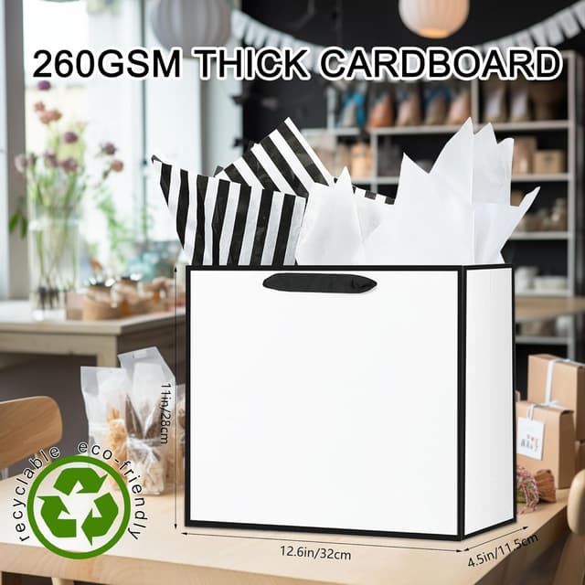 Detalle 2 de Offizon 12 Pack 12.5 inch White Gift Bags with Black & White Tissue Paper