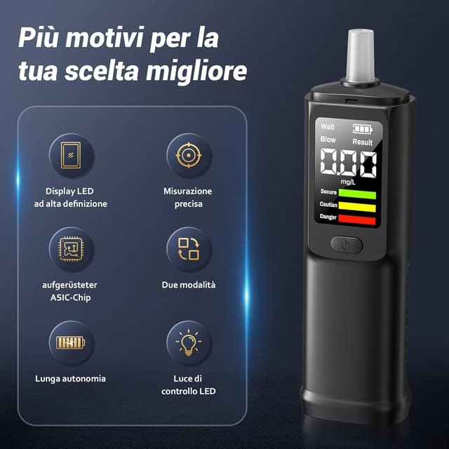 Detalle 2 de ELESKY Etilometro ricaricabile USB-C con LCD (test rapido, contatto/non contatto) e 10 bocchini