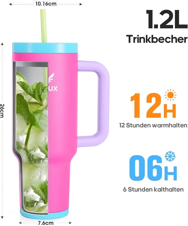 Detalle 2 de Gedux Trinkflasche mit Strohhalm 1,2 l – Thermobecher mit Griff, auslaufsicherem Deckel & Vakuumisolierung