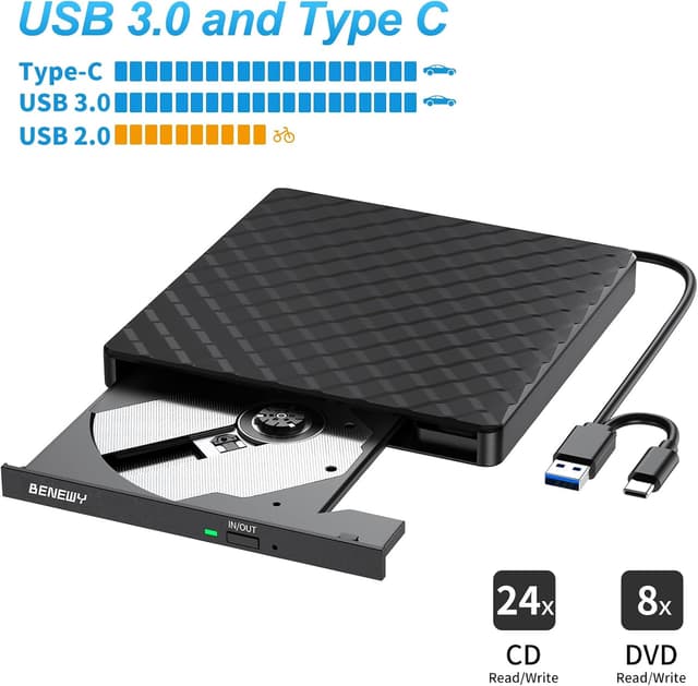 Detalle de External USB 3.0 & Type-C Portable CD/DVD Drive (USB + Type-C), Slim DVD/CD Burner for Windows, Mac and Linux