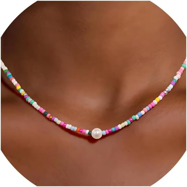 Detalle de TINGN Bunte Perlenkette für Damen, handgefertigt im Boho-Stil mit verstellbarer Länge