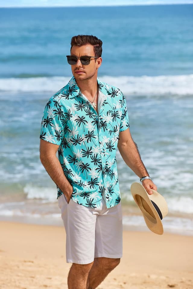 Detalle 2 de COOFANDY men’s short-sleeve Hawaiian shirt with front pocket – summer floral beach style
