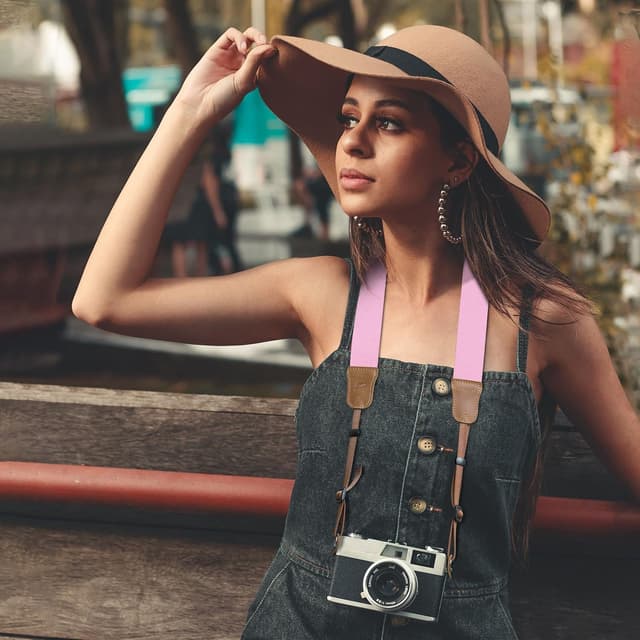 Detalle de Padwa Lifestyle Pink Camera Strap (Double Layer Crazy Horse Cowhide) – 1.5in Cotton Woven Adjustable Strap