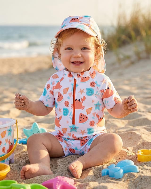 Detalle 2 de DivingBirds UV-Badebekleidung Baby Badeanzug mit Hut – Unisex Schwimmanzug 68–98