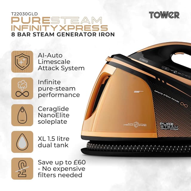 Detalle 2 de Tower PureSteam Infinity Xpress T22030GLD 8 Bar Steam Generator Iron (Ceraglide NanoElite Soleplate, 1.5L Dual Tank)