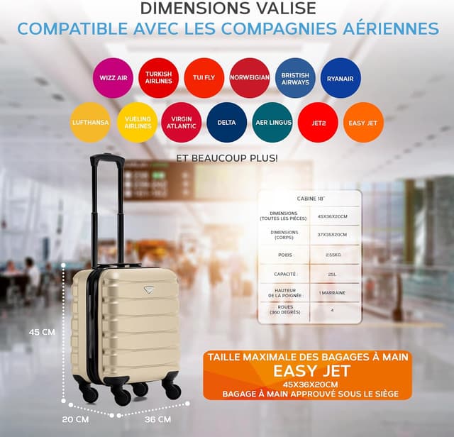 Detalle de Flight Knight Flight Knight Bagage cabine 4 roues ABS rigide TSA 45x36x20 cm Champagne/Noir
