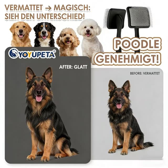 Detalle de YOYUPETA Zupfbürste für Hunde mit Langhaar – 3-teiliges Profi-Set aus Buchenholz mit Unterwoll-Rechen & Edelstahlkamm