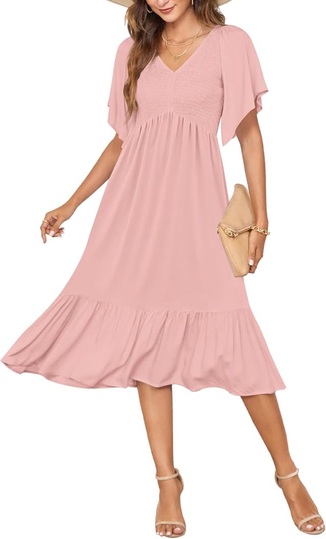Detalle de AUSELILY Women’s Summer Empire Waist Smocked Flutter V-Neck Midi Dress