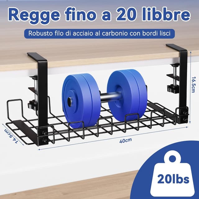 Detalle 2 de HOMMAND Raccogli Cavi Scrivania in metallo con fissaggio senza fori, vassoio sotto il tavolo per ufficio e casa (nero)