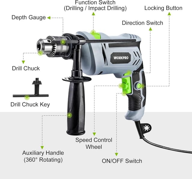 Detalle de WORKPRO Trapano a Percussione 850 W con impugnatura girevole 360° (mandrino 2–13 mm)