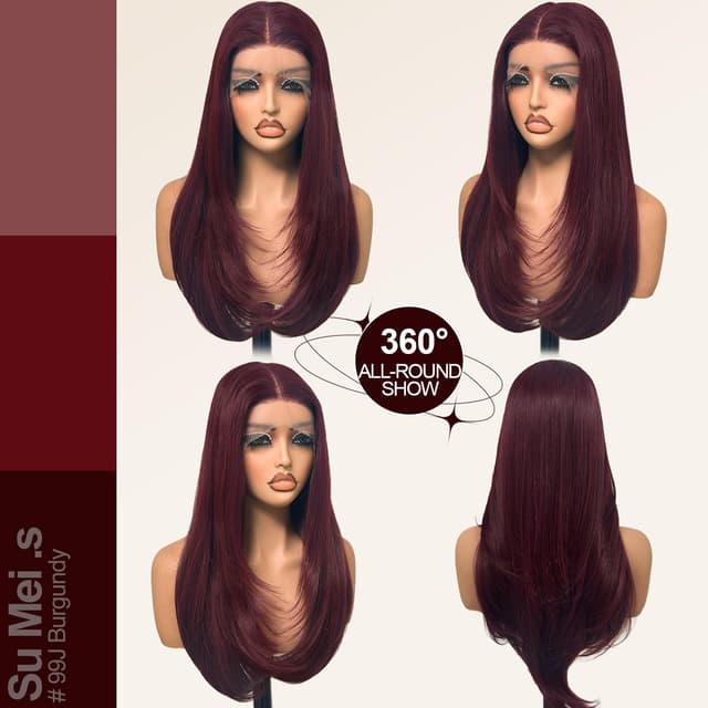 Detalle de Su Mei.s Glueless Synthetic Lace Front Wig, 26-Inch Straight Red (#99J Burgundy, 13x5x1 HD Lace, Hand-Tied)