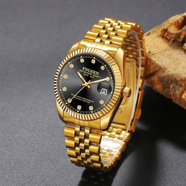 Detalle 2 de Avaner Herren Uhr Golden Armbanduhr mit Strasssteinen, leuchtenden Zeigern und Edelstahlarmband (analog, Quarz)