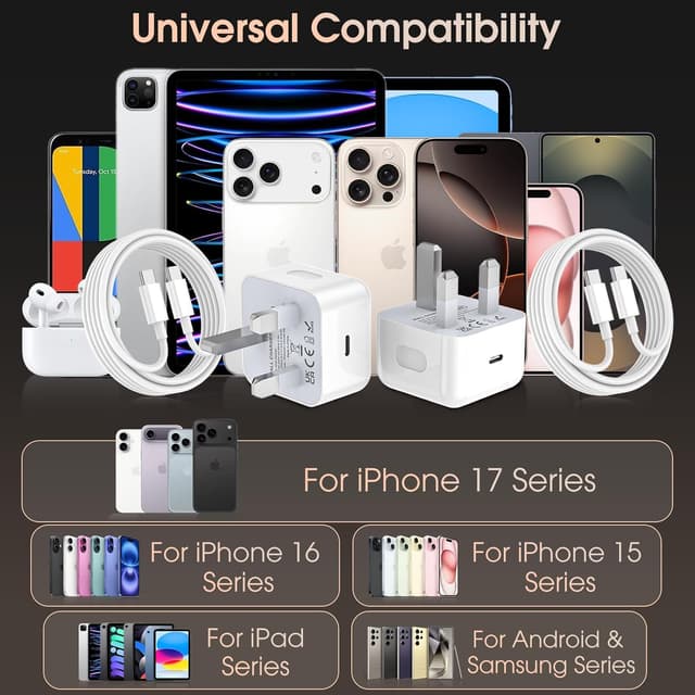 Thumbnail 6 de 2-Pack 20W USB-C PD Charger with 2m C-to-C Cables for iPhone 17/16/15 & iPad (White)