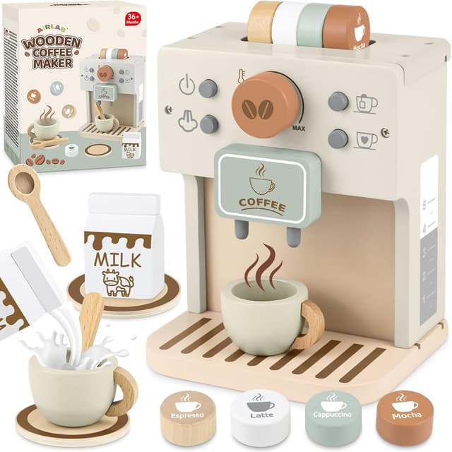 Detalle de Airlab wooden coffee machine toy set for kids (3–5 years) – pretend play barista kit