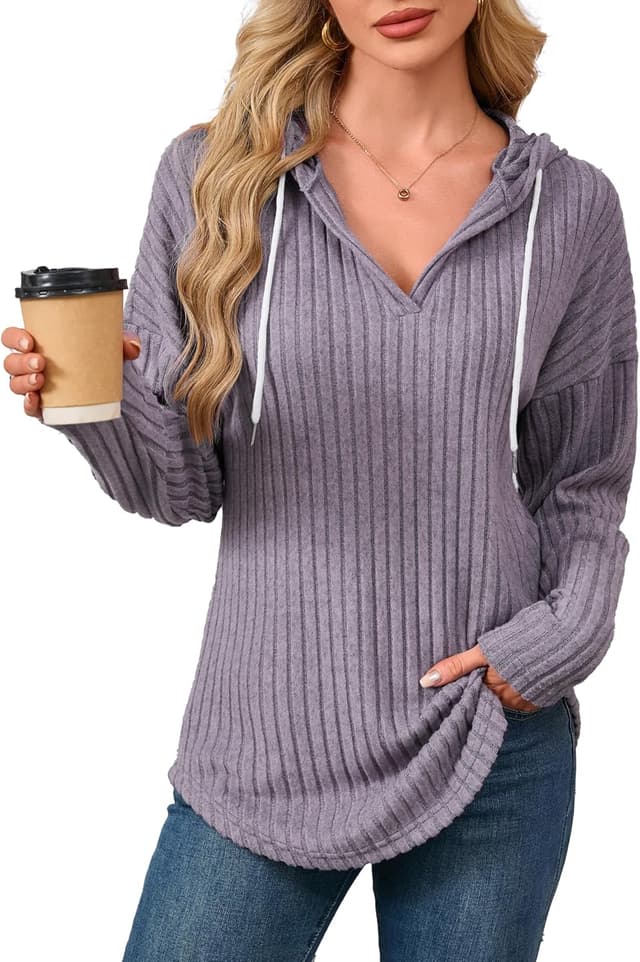 Detalle de Famulily Lightweight V-Neck Hooded Jumper for Women – Soft, Breathable Layering Hoodie