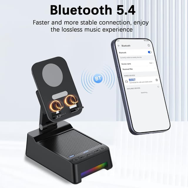 Detalle de Wireless Induction Speaker 5-in-1 Bluetooth Speaker with Phone Stand, 360° LED Rotation, and 3000mAh Power Bank