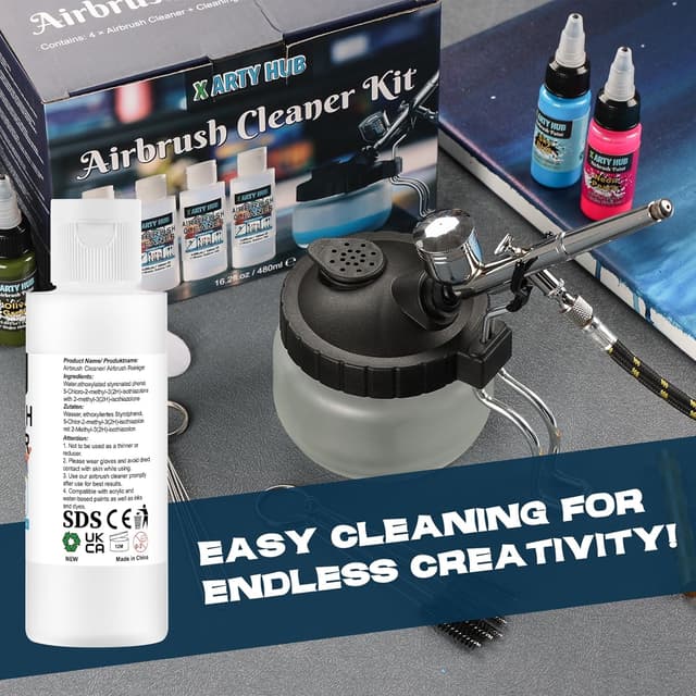Detalle de X ARTY HUB Airbrush Reinigungsset – Reiniger (4×120 mL) mit Reinigungstopf für Wasser- und Acrylpigmente
