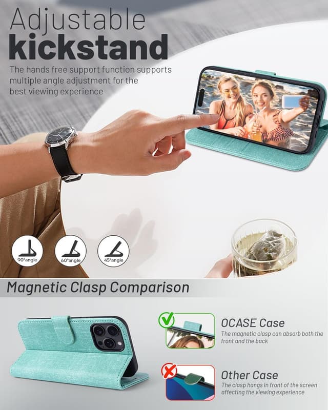 Detalle 2 de OCASE iPhone 16 Pro Hülle mit Kartenfach, Standfunktion & RFID-Schutz (PU-Leder) – Klapphülle für 6,3 Zoll