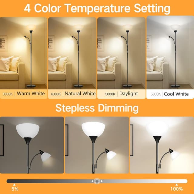 Detalle de OUTON Dimmable LED Floor Lamp with Touch Control, Remote & App (Uplighter + Reading Goose Neck) and 1-Hour Timer