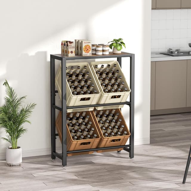 Detalle de pickpiff 4-Kästen Getränkekistenregal mit Ablage – Schwarz, Metall, 2 Ebenen für Küche, Wohnzimmer & Keller