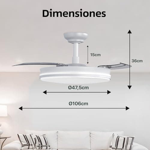 Detalle de Ventilador de techo LEDUNI con luz, mando y motor DC 30W de 6 velocidades (50 cm, blanco mate)
