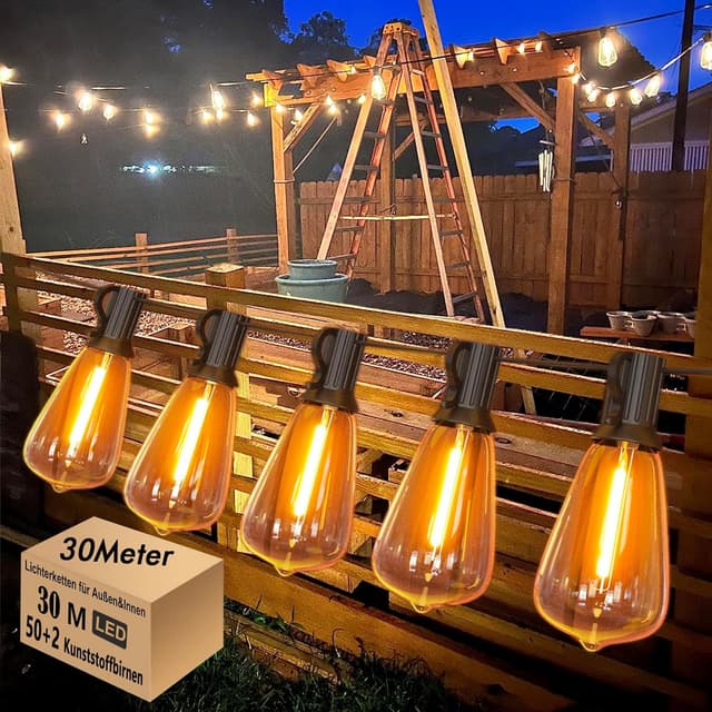 Detalle de LED Lichterkette Außen 30 m mit 50+2 warmweißen ST38 Kunststoffbirnen, IP44