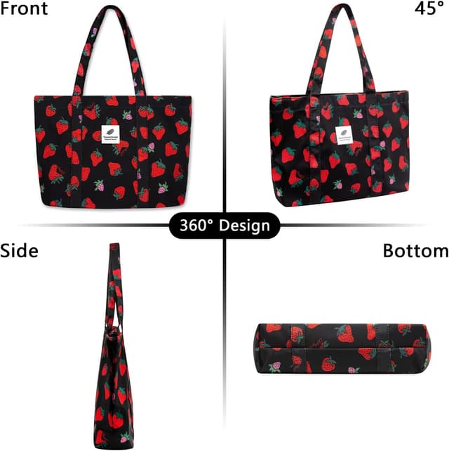 Detalle de YAMEIZE Strawberry Tote Bag for Women & Girls – Large Nylon Cherry & Strawberry Shoulder Tote with Inner Pocket