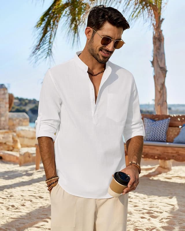 Detalle 1 de J.VER Hemd Herren Leinen-Baumwolle Henley Langarm