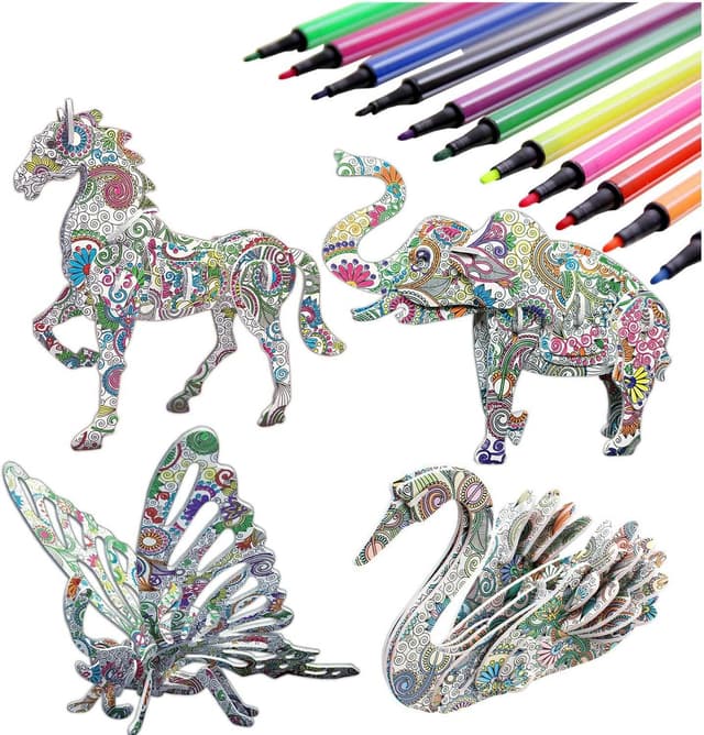 Detalle de Jiaweixiang 3D Animal Colouring Puzzle Set with 12 Gel Markers (4 puzzles, ages 5–12)